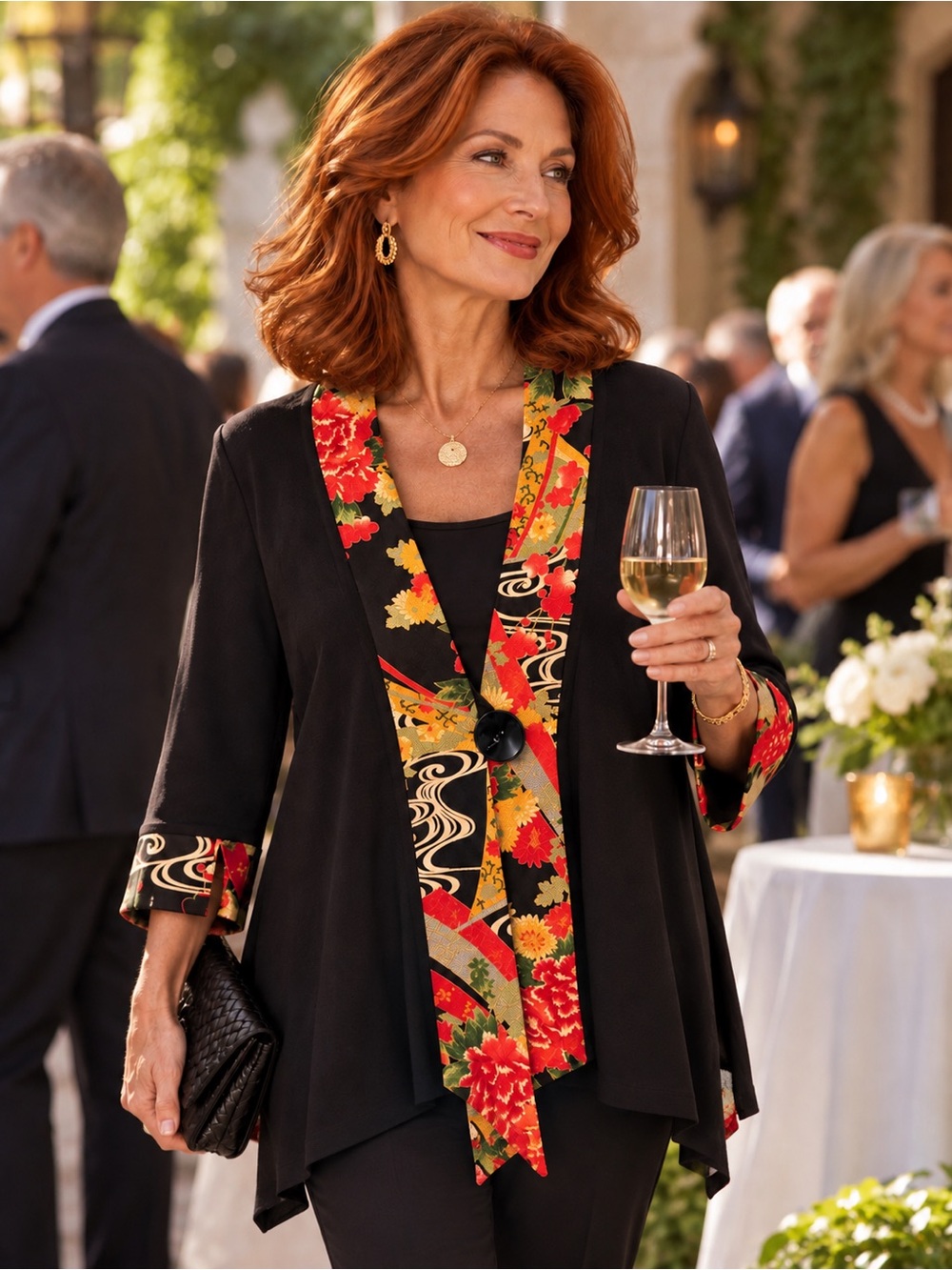 Soft Surroundings Black Jacket with Red and Gold Floral Trim